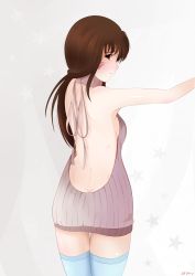 Rule 34 | 1girl, backless dress, backless outfit, bare back, blue thighhighs, breasts, brown eyes, brown hair, butt crack, cowboy shot, d.va (overwatch), dress, facepaint, facial mark, female focus, grey background, grey sweater, halterneck, headphones, highres, iwakura patan, light smile, long hair, looking at viewer, looking back, medium breasts, meme attire, naked sweater, outstretched arm, overwatch, overwatch 1, profile, ribbed sweater, shoulder blades, sideboob, sideways glance, simple background, sleeveless, solo, star (symbol), sweater, sweater dress, swept bangs, thigh gap, thighhighs, turtleneck, turtleneck sweater, virgin killer sweater, whisker markings, white background