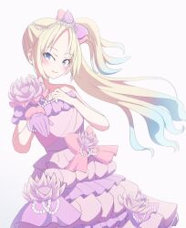 Rule 34 | 1girl, alternate hairstyle, blonde hair, blue eyes, blue hair, closed mouth, commentary request, dress, dress flower, gloves, gradient hair, hair flowing over, highres, junnatsu, layered dress, link! like! love live!, long hair, looking at viewer, love live!, multicolored hair, osawa rurino, parted bangs, pink dress, ponytail, purple gloves, sidelocks, single glove, smile, solo, upper body, virtual youtuber, white background