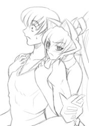 Rule 34 | 1boy, 1girl, bead necklace, beads, blush, frown, greyscale, hair intakes, hands on another&#039;s chest, hetero, jewelry, looking ahead, looking at viewer, mitsurugi meiya, monochrome, muv-luv, necklace, pectoral cleavage, pectorals, ponytail, sakura ryuuken, shirogane takeru, shirt, sleeveless, sleeveless shirt, surprised, tank top, v-shaped eyebrows, white background