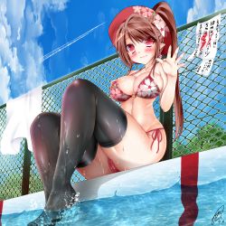 Rule 34 | 1girl, 2015, bikini, blush, brown hair, cameltoe, chain-link fence, dated, female focus, fence, floral print, hat, highres, jotti, long hair, o-ring, o-ring top, original, partially submerged, pointy ears, ponytail, poolside, red eyes, reimusan (jotti), side-tie bikini bottom, signature, sitting, sky, solo, strap gap, swimsuit, thighhighs, translation request, waving