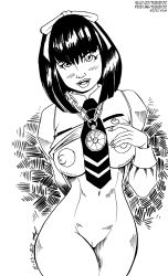 Rule 34 | 1girl, 2020, atlus, black hair, blush, bottomless, bow, bowtie, breasts, cleft of venus, dated, hair ribbon, hand on breast, highres, jewelry, long hair, looking at viewer, monochrome, navel, nipples, pendant, persona, persona 1, pussy, ribbon, school uniform, shin megami tensei, signature, simple background, sonomura maki, tiquitoc, watermark, web address