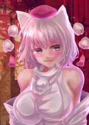 Rule 34 | 1girl, absurdres, animal ears, bare shoulders, blush, breasts, facing viewer, hat, highres, inubashiri momiji, large breasts, looking to the side, open mouth, pom pom (clothes), red eyes, shirt, short hair, solo, tokin hat, touhou, tunatume, upper body, wavy mouth, white hair, white shirt, white sleeves, wolf ears, wolf girl