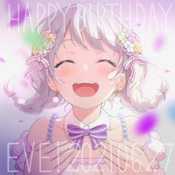 Rule 34 | 1girl, :d, ^ ^, absurdres, bang dream!, bare shoulders, blurry, blurry background, blush, braid, closed eyes, dated, detached collar, dress, earrings, flower, frilled dress, frills, hair flower, hair ornament, hands on own chest, happy birthday, highres, jewelry, low twintails, neck ribbon, nobusawa osamu, open mouth, petals, portrait, purple ribbon, ribbon, short twintails, smile, solo, strap, swept bangs, teeth, twin braids, twintails, upper teeth only, wakamiya eve, white hair