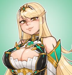 Rule 34 | 1girl, bare shoulders, blonde hair, breasts, chest jewel, cleavage, cleavage cutout, clothing cutout, core crystal (xenoblade), gem, green background, large breasts, long hair, looking at viewer, mythra (xenoblade), random pwoop, smile, solo, swept bangs, upper body, xenoblade chronicles (series), xenoblade chronicles 2, yellow eyes