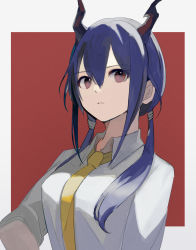 Rule 34 | 1girl, arknights, blue hair, border, breasts, ch&#039;en (arknights), collared shirt, dragon horns, dress shirt, hair between eyes, highres, horns, looking at viewer, low twintails, necktie, one-hour drawing challenge, red background, red eyes, shimasato, shirt, sidelocks, simple background, solo, twintails, upper body, white border, white shirt, yellow necktie