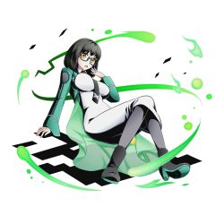 Rule 34 | 10s, 1girl, black footwear, black hair, black necktie, black pantyhose, boots, breasts, divine gate, dress, full body, glasses, green jacket, grey pantyhose, high heels, jacket, large breasts, looking at viewer, mahouka koukou no rettousei, necktie, official art, open mouth, pantyhose, see-through, shadow, shibata mizuki, short hair, sitting, solo, transparent background, ucmm, white dress, yellow eyes