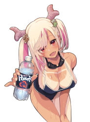 Rule 34 | 1girl, :d, bottle, breasts, cleavage, fang, goggles, goggles around neck, hair ornament, highres, holding, holding bottle, horns, large breasts, looking at viewer, multicolored hair, one-piece swimsuit, open mouth, pink hair, r project, red eyes, satou daiji, simple background, skin fang, smile, solo, sweat, swimsuit, tan, tanline, tsuzura amo, two-tone hair, virtual youtuber, wet, white background, white hair