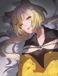 Rule 34 | 1girl, animal ears, arknights, black shirt, blonde hair, blue eyes, cat ears, commentary request, grey background, hair ornament, hairclip, heterochromia, jacket, long hair, looking at viewer, lying, mirin chikuwa, nightmare (arknights), off shoulder, on bed, open mouth, shirt, simple background, solo, upper body, yellow eyes, yellow jacket