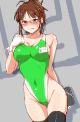 Rule 34 | 1girl, akizuki ritsuko, angry, black thighhighs, blunt bangs, blush, breasts, brown eyes, brown hair, cleavage, clipboard, competition swimsuit, covered navel, cowboy shot, dutch angle, folded ponytail, glasses, gloves, gluteal fold, green one-piece swimsuit, highleg, highleg swimsuit, highres, idolmaster, idolmaster (classic), looking at viewer, name tag, one-piece swimsuit, solo, standing, swimsuit, tengu (tetuo kun), thigh gap, thighhighs