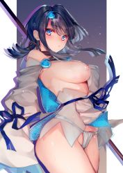 Rule 34 | 1girl, bare shoulders, black hair, blue eyes, blue ribbon, blush, border, breasts, breasts out, closed mouth, dress, fate/grand order, fate/requiem, fate (series), fundoshi, gradient background, grey background, highres, japanese clothes, large breasts, long sleeves, looking at viewer, magatama, multicolored hair, nipple slip, nipples, obiwan, pink hair, polearm, puffy long sleeves, puffy sleeves, ribbon, short dress, sideboob, sidelocks, spear, streaked hair, thighs, two-sided fabric, two-sided skirt, utsumi erice, weapon, white border, white dress