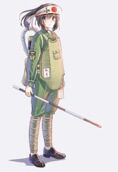 Rule 34 | 10s, 1girl, :o, akizuki (kancolle), armor, bandaged leg, bandages, bandana, black hair, blue eyes, blush, body armor, breastplate, emblem, full body, green ribbon, grey background, hachimaki, hair between eyes, headband, highres, holding, holding staff, imperial japanese army, imperial japanese navy, japan, kanji, kantai collection, loafers, long sleeves, longmei er de tuzi, looking at viewer, military, military uniform, parted lips, pocket, puffy pants, red sun, ribbon, shoes, simple background, solo, staff, standing, stick, translation request, uniform, world war ii