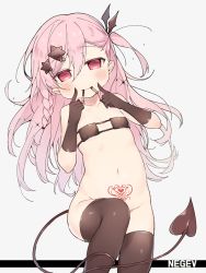 Rule 34 | 1girl, bad id, bad pixiv id, bare shoulders, bikini, bikini top only, black bikini, black gloves, black thighhighs, black wings, blush, bottomless, braid, character name, closed mouth, collarbone, convenient leg, demon tail, elbow gloves, eyepatch bikini, fingernails, food, food in mouth, girls&#039; frontline, gloves, grey background, groin, hair between eyes, hair ornament, hair wings, hairclip, hexagram, long hair, looking at viewer, mouth hold, navel, negev (girls&#039; frontline), one side up, pink hair, pocky, pointing, pubic tattoo, red eyes, smile, solo, sparkle, star of david, swimsuit, tail, tattoo, thighhighs, tsuka, very long hair, wings
