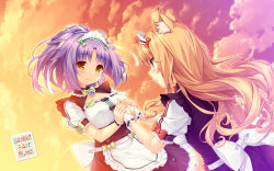 Rule 34 | 10s, 2girls, animal ears, apron, artist name, bell, blonde hair, bow, bowtie, breasts, cat ears, cinnamon (nekopara), cleavage cutout, clothing cutout, cloud, curly hair, dutch angle, eye contact, green eyes, hair ribbon, heart, holding hands, jingle bell, large breasts, long hair, long image, looking at another, maid, maid headdress, maple (nekopara), multiple girls, nekopara, ponytail, puffy short sleeves, puffy sleeves, purple hair, ribbon, ribbon-trimmed clothes, ribbon trim, sayori (neko works), short sleeves, sky, smile, sunset, waist apron, wide image, wrist cuffs, yellow eyes