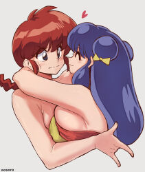 Rule 34 | 2girls, ^ ^, aosora2823, artist name, blue eyes, braid, braided ponytail, breasts, closed eyes, closed mouth, commentary request, grey background, highres, hug, large breasts, long hair, multiple girls, purple hair, ranma-chan, ranma 1/2, red hair, shampoo (ranma 1/2), short hair, simple background, smile, upper body, yuri