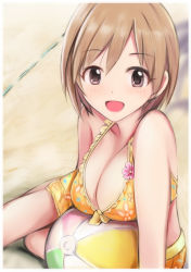 Rule 34 | 1girl, :d, aiba yumi, ball, bare shoulders, beach, beachball, bikini, blush, breast rest, breasts, brown eyes, brown hair, cleavage, collarbone, commentary request, day, flower, front-tie bikini top, front-tie top, idolmaster, idolmaster cinderella girls, looking at viewer, medium breasts, nannacy7, open mouth, outdoors, sand, short hair, sitting, smile, solo, swimsuit, yokozuwari
