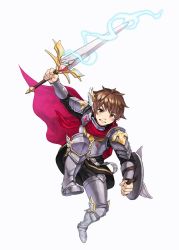Rule 34 | 1boy, armor, armored boots, blush, bodoi, boots, brown eyes, brown hair, cape, copyright name, electricity, electrified sword, electrified weapon, energy, full body, hair ornament, knights chronicle, male focus, official art, shield, solo, sword, teeth, theo (knights chronicle), weapon, white background