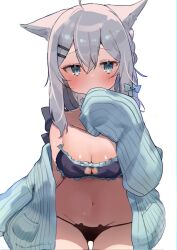 Rule 34 | 1girl, animal ears, ao kotoha, black panties, blue cardigan, braid, breasts, cardigan, cat cutout, cat ear panties, cat lingerie, cleavage cutout, clothing cutout, covering own mouth, fox ears, fox girl, grey hair, highres, hololive, long sleeves, looking at viewer, medium breasts, meme attire, navel, no pants, off shoulder, open cardigan, open clothes, oversized clothes, panties, shirakami fubuki, side braid, simple background, sleeves past fingers, sleeves past wrists, stomach, underwear, virtual youtuber, white background