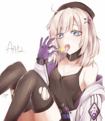 Rule 34 | 1girl, aa-12 (girls&#039; frontline), ahoge, arm support, baggy clothes, bags under eyes, black hat, black shorts, blue eyes, breasts, candy, character name, choker, cleavage, collarbone, food, girls&#039; frontline, gloves, hair ornament, hat, holding, holding food, lollipop, medium breasts, open mouth, parang, saliva, saliva trail, shorts, sidelocks, silver hair, simple background, sitting, solo, star (symbol), star hair ornament, tank top, thighhighs, tongue, tongue out, torn clothes, torn legwear, white background