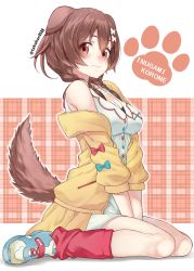 Rule 34 | 1girl, absurdres, animal ears, aqua footwear, between legs, blush, bone hair ornament, braid, breasts, brown eyes, brown hair, character name, cleavage, closed mouth, commentary, cross-laced footwear, dog ears, dog girl, dog tail, dress, full body, hair ornament, hand between legs, highres, hololive, inugami korone, inugami korone (1st costume), jacket, looking at viewer, medium breasts, medium hair, off shoulder, open clothes, open jacket, paw print, plaid background, red socks, shoes, side braids, simple background, sitting, sleeveless, sleeveless dress, smile, sneakers, socks, solo, tail, takahan, thighs, twin braids, twitter username, virtual youtuber, wariza, white background, white dress, yellow jacket