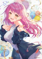 Rule 34 | 1girl, :d, aizono manami, balloon, bare shoulders, belt, black jacket, braid, breasts, brown belt, confetti, crown braid, dress, earrings, french braid, happy birthday, haru (hiyori-kohal), heart, heart earrings, highres, jacket, jewelry, large breasts, long hair, looking at viewer, nail polish, nijisanji, official art, open clothes, open jacket, open mouth, pink hair, pink nails, ribbed dress, short eyebrows, sleeveless, sleeveless dress, smile, solo, sweater, sweater dress, virtual youtuber, white dress, yellow eyes, zipper