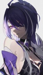 Rule 34 | 1girl, absurdres, acheron (honkai: star rail), blue hair, breasts, cleavage, close-up, closed mouth, commentary request, detached sleeves, hair ornament, hair over one eye, highres, honkai: star rail, honkai (series), large breasts, long hair, looking at viewer, purple eyes, rapis0291, simple background, single bare shoulder, solo, upper body, white background