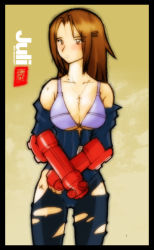 Rule 34 | 1girl, bra, breasts, brown eyes, brown hair, cameltoe, capcom, cleavage, cross, gauntlets, juli (street fighter), large breasts, lingerie, solo, street fighter, torn clothes, underwear