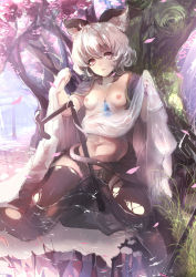 Rule 34 | 1girl, animal ears, breasts, capelet, collarbone, diamond (gemstone), dowsing rod, grass, grey hair, grey skirt, head tilt, highres, holding, holding clothes, jewelry, lace trim, light rays, looking to the side, mouse ears, mouse tail, navel, nazrin, nipples, omo (utakatadice), parted lips, partially submerged, pendant, petals, rock, see-through, unworn shirt, short hair, shrine, sitting, skirt, small breasts, solo, stomach, sunlight, tail, thighhighs, thighs, torii, torn clothes, torn thighhighs, touhou, tree, water, wide hips