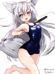 Rule 34 | 1girl, animal ear fluff, animal ears, blue one-piece swimsuit, fox ears, fox tail, highres, korean text, long hair, looking back, name tag, one-piece swimsuit, open mouth, original, school swimsuit, silver hair, simple background, solo, swimsuit, sword, tail, tandozzing, very long hair, weapon, white background, white eyes