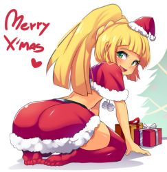 Rule 34 | 1girl, :d, all fours, alternate color, ass, blonde hair, blunt bangs, blush, braid, capelet, christmas, christmas tree, creatures (company), feet, french braid, from behind, full body, fur trim, game freak, gift, green eyes, hat, heart, high ponytail, hinghoi, lillie (pokemon), long hair, looking back, merry christmas, mini hat, miniskirt, nintendo, open mouth, pokemon, pokemon sm, red hat, red skirt, red thighhighs, santa costume, santa hat, shiny clothes, simple background, sitting, skirt, smile, solo, thighhighs, toes, tongue, tree, wariza, white background