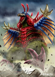 animal batayan beak bird birdon_(ultra_series) blue_skin claws cloud cloudy_sky colored_skin commentary_request copyright_notice debris feathers giant highres kaiju no_humans official_art open_mouth overcast oversized_animal red_feathers rubble sky talons tokusatsu ultra_series ultraman_tarou_(series) wings