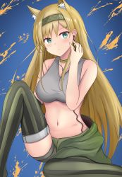 Rule 34 | 1girl, animal ear fluff, animal ears, arknights, bare arms, bare shoulders, blonde hair, blue background, blush, breasts, choker, commentary request, crop top, feet out of frame, green choker, green eyes, grey hairband, hairband, hand up, highres, horn (arknights), knee up, large breasts, long hair, looking at viewer, magaasha, midriff, navel, sitting, solo, sports bra, stomach, striped clothes, striped thighhighs, thighhighs, vertical-striped clothes, vertical-striped thighhighs, very long hair, wolf ears