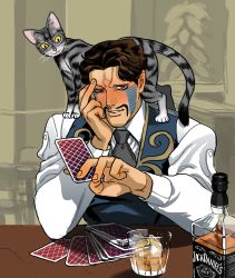 Rule 34 | 1boy, alcohol, animal, animal on shoulder, blush, brown hair, card, cat, cat on shoulder, chair, daniel j. d&#039;arby, drink, facial hair, facial mark, glass, head rest, holding, holding card, jack daniel&#039;s, jojo no kimyou na bouken, maitake (cbe08253), male focus, mustache, necktie, orange eyes, playing card, shadow, smile, solo, table, tattoo, upper body, vest, whiskey