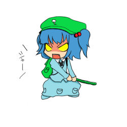 Rule 34 | 1girl, backpack, bag, blue dress, blue hair, cucumber, dress, female focus, food, full body, hair bobbles, hair ornament, holding, kawashiro nitori, long sleeves, pocket, solo, standing, touhou, two side up, vegetable, yellow eyes