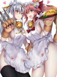 Rule 34 | 2girls, absurdres, animal ear fluff, animal ears, animal hands, apron, bare shoulders, bell, between fingers, black hair, black legwear, blush, breasts, cat hair ornament, cat paws, closed mouth, collar, cosplay, fate/extra, fate/grand order, fate (series), food, fox ears, fox girl, fox tail, frilled apron, frills, gloves, green eyes, hair between eyes, hair ornament, highres, hitomin (ksws7544), holding, jingle bell, knife, large breasts, licking lips, long hair, looking at viewer, maid headdress, medium breasts, multicolored hair, multiple girls, nagao kagetora (fate), naked apron, neck bell, omelet, omurice, open mouth, paw gloves, pink hair, plate, ponytail, sideboob, sidelocks, simple background, smile, streaked hair, tail, tamamo (fate), tamamo cat (fate), tamamo cat (fate) (cosplay), tamamo cat (third ascension) (fate), thighhighs, tongue, tongue out, two-tone hair, white apron, white background, white hair, yellow eyes