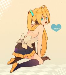 Rule 34 | akita neru, all fours, aqua eyes, bad id, bad pixiv id, blonde hair, boots, gloves, long hair, looking back, machida natsume, side ponytail, skirt, solo, vocaloid