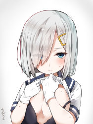Rule 34 | 10s, 1girl, bad id, bad pixiv id, black bra, blue eyes, blush, bra, breasts, clothes lift, eyes visible through hair, gloves, hair ornament, hair over one eye, hairclip, hamakaze (kancolle), highres, kantai collection, large breasts, light smile, mitsudoue, school uniform, serafuku, shirt lift, silver hair, simple background, solo, tsurime, underwear, upper body, white gloves