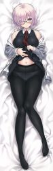 Rule 34 | 1girl, absurdres, bare shoulders, bed sheet, black-framed eyewear, black pantyhose, blush, breasts, cle masahiro, clothes lift, commentary request, cowboy shot, dakimakura (medium), eyes visible through hair, fate/grand order, fate (series), full body, glasses, gusset, hair over one eye, highres, huge filesize, jacket, large breasts, legs together, long image, looking at viewer, lying, mash kyrielight, navel, necktie, off shoulder, on back, panties, panties under pantyhose, pantyhose, purple eyes, purple hair, seamed legwear, short hair, skirt, skirt lift, solo, tall image, underwear, white panties