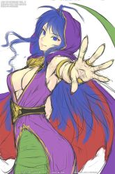 Rule 34 | 1girl, blue eyes, blue hair, bracelet, breasts, breath of fire, breath of fire ii, cleavage, closed mouth, deis, dress, gofelem, hood, jewelry, lamia, large breasts, long hair, looking at viewer, monster girl, simple background, smile, solo, white background