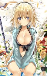 Rule 34 | 1girl, between legs, bikini, bikini top only, black hairband, blonde hair, blue eyes, blush, bow, breasts, chestnut mouth, cleavage, collarbone, commentary request, cropped legs, fate/grand order, fate (series), flower, green shirt, hairband, hand between legs, jeanne d&#039;arc (fate), jeanne d&#039;arc (ruler) (fate), jeanne d&#039;arc (swimsuit archer) (fate), jeanne d&#039;arc (swimsuit archer) (first ascension) (fate), long sleeves, shino (eefy), shirt, short hair, sitting, solo, striped, swimsuit, yellow flower