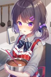 Rule 34 | 1girl, absurdres, apron, black bow, black hair, black scrunchie, blush, bow, bowl, chocolate, chocolate on face, collared shirt, commentary request, diagonal stripes, dress shirt, food, food on face, frilled apron, frills, grey shirt, hair bow, hair ornament, hair scrunchie, hairclip, highres, holding, holding bowl, indoors, looking at viewer, mixing bowl, nose blush, original, parted lips, plaid, plaid apron, purple bow, purple eyes, red apron, ribbon-trimmed apron, ribbon trim, scrunchie, shirt, short ponytail, short sleeves, sleeves rolled up, solo, spatula, striped, striped bow, torokeru none, upper body, valentine