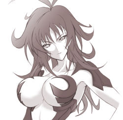 Rule 34 | 00s, 1girl, amaha masane, antenna hair, armor, armpits, bikini armor, breasts, center opening, cleavage, facial mark, greyscale, large breasts, long hair, looking at viewer, mature female, messy hair, midriff, monochrome, naughty face, simple background, smile, solo, tattoo, underboob, upper body, white background, witchblade