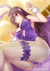 Rule 34 | 1girl, absurdres, animal ears, bodysuit, breasts, fake animal ears, fate/grand order, fate (series), fishnet pantyhose, fishnets, gae bolg (fate), hair intakes, highres, katou shinobu, large breasts, leotard, long hair, official alternate costume, pantyhose, playboy bunny, polearm, purple hair, rabbit ears, rabbit girl, red eyes, ribbon, scathach (fate), scathach (piercing bunny) (fate), solo, spear, v, weapon