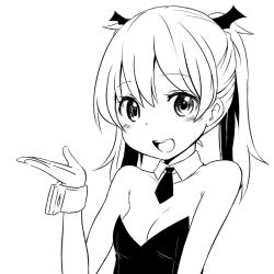 Rule 34 | 1girl, blush, detached collar, greyscale, monochrome, open mouth, simple background, smile, solo, twintails, upper body, white background, zaxwu