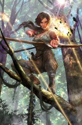 Rule 34 | 1girl, arrow (projectile), blue eyes, bow (weapon), brown hair, fire, highres, lara croft, long hair, looking at viewer, realistic, solo, tank top, tomb raider, tomb raider (reboot), tree, weapon
