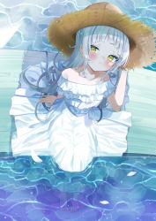 Rule 34 | 1girl, absurdres, bare shoulders, barefoot, blush, collarbone, commentary request, day, dress, green eyes, grey hair, hat, highres, hololive, long hair, looking at viewer, murasaki shion, nappi0110, sitting, solo, straw hat, virtual youtuber, water, white dress