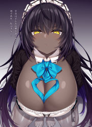 1girl apron aqua_ribbon arms_between_legs between_legs black_dress black_hair blue_archive blue_neckwear breasts cleavage dark-skinned_female dark_skin dress gloves halo highres huge_breasts karin_(blue_archive) long_hair looking_at_viewer maid maid_headdress pantyhose puffy_short_sleeves puffy_sleeves ribbon short_sleeves simple_background sitting solo v_arms wariza watosu white_apron white_gloves white_pantyhose yellow_eyes