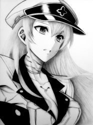 Rule 34 | 10s, 1girl, akame ga kill!, breasts, cleavage, esdeath, graphite (medium), greyscale, hair between eyes, hat, highres, long hair, military, military uniform, monochrome, names76, parted lips, peaked cap, solo, traditional media, uniform