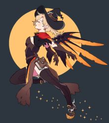 Rule 34 | 1girl, bad id, bad twitter id, black hat, black thighhighs, blonde hair, book, breasts, circle, closed eyes, earrings, elbow gloves, f ur y, food-themed earrings, food themed earrings, gloves, halloween, halloween costume, hat, highres, jewelry, mechanical wings, mercy (overwatch), official alternate costume, open mouth, overwatch, overwatch 1, profile, pumpkin, pumpkin earrings, sideboob, solo, thighhighs, wings, witch, witch hat, witch mercy
