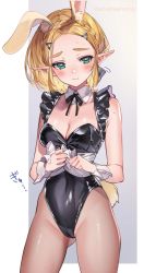 Rule 34 | 1girl, alternate costume, animal ear fluff, animal ears, apron, apron lift, aqua eyes, black leotard, black ribbon, blonde hair, blush, braid, breasts, cleavage, closed mouth, clothes lift, commentary, covered navel, cowboy shot, crown braid, detached collar, embarrassed, fake animal ears, fishnet pantyhose, fishnets, forehead, frilled leotard, frills, furrowed brow, gluteal fold, grey background, hair ornament, hairclip, highleg, highleg leotard, highres, kemonomimi mode, leotard, looking away, looking to the side, medium breasts, neck ribbon, nintendo, pantyhose, parted bangs, playboy bunny, pointy ears, princess zelda, rabbit ears, rabbit tail, ribbon, short hair, shuri (84k), simple background, solo, sweatdrop, tail, the legend of zelda, the legend of zelda: breath of the wild, the legend of zelda: tears of the kingdom, thick eyebrows, twitter username, wavy mouth, white background, wing collar, wrist cuffs