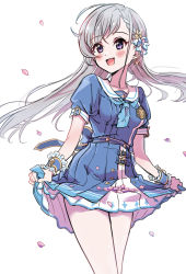 Rule 34 | 1girl, :d, absurdres, blue bow, blue dress, blue necktie, blush, bow, braid, braided bangs, breasts, brown flower, dress, floating hair, flower, grey hair, hair flower, hair ornament, highres, hisakawa hayate, idolmaster, idolmaster cinderella girls, long hair, looking away, looking to the side, necktie, open mouth, petals, pizzasi, puffy short sleeves, puffy sleeves, purple eyes, sailor collar, sailor dress, short necktie, short sleeves, simple background, skirt, skirt basket, skirt hold, small breasts, smile, solo, very long hair, white background, white sailor collar, white skirt, wrist cuffs